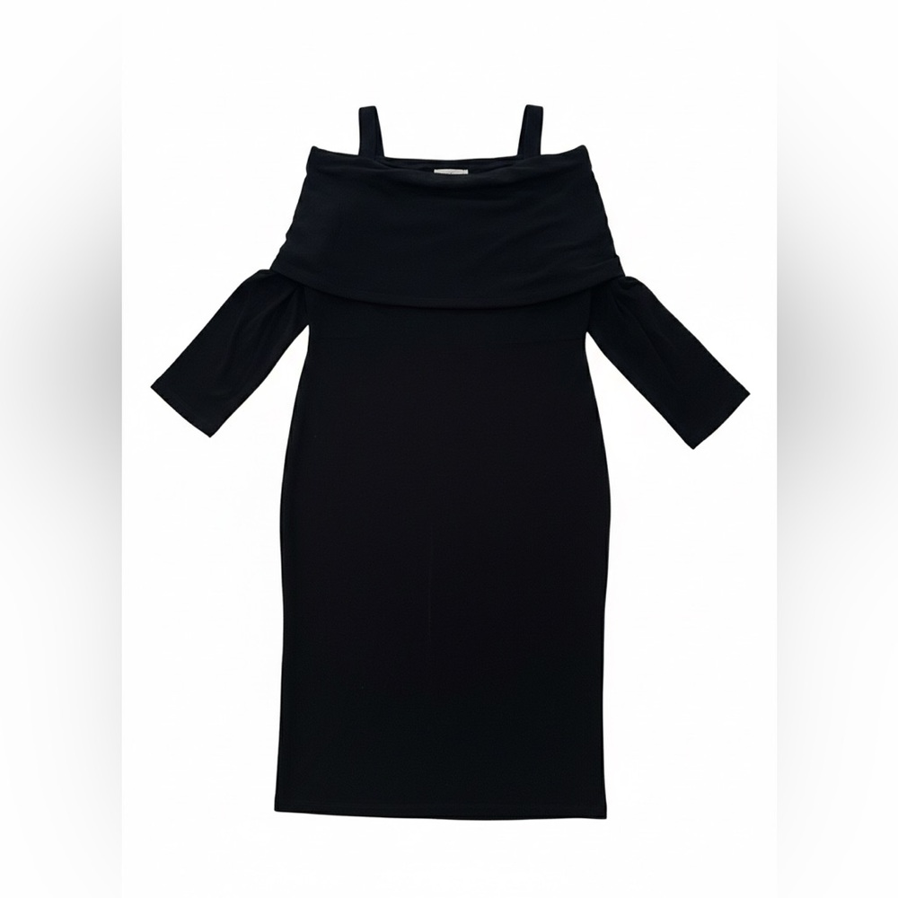 Chico’s Travelers Collection Black Cold-Shoulder Popover Midi Dress L (Chicos 2)